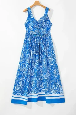 Hot Dear-Lover Paisley V Neck Crisscross Backless Maxi Dress Blue