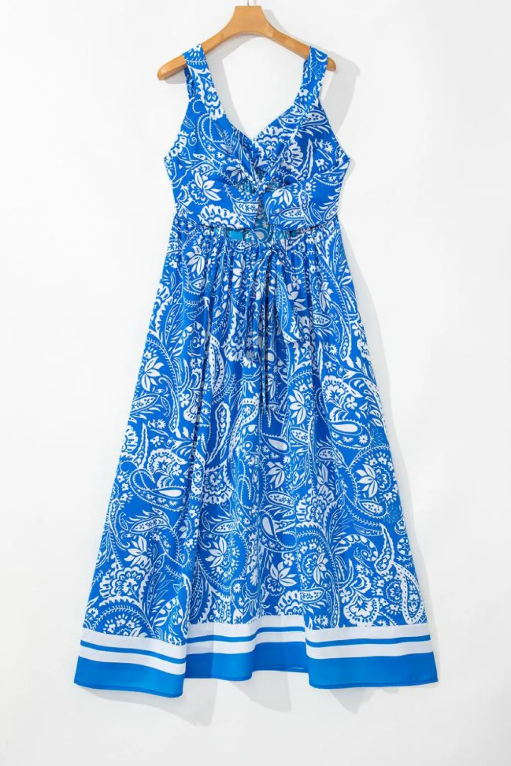 Hot Dear-Lover Paisley V Neck Crisscross Backless Maxi Dress Blue