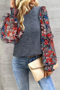 Discount Dear-Lover Pale Chestnut Ruffle Tiered Floral Sleeve Crew Neck Blouse Blue