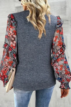 Discount Dear-Lover Pale Chestnut Ruffle Tiered Floral Sleeve Crew Neck Blouse Blue