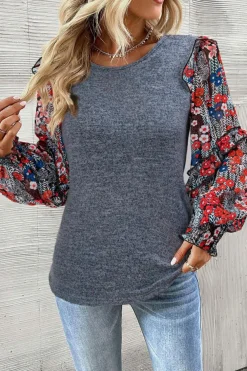 Discount Dear-Lover Pale Chestnut Ruffle Tiered Floral Sleeve Crew Neck Blouse Blue