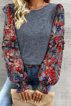 Discount Dear-Lover Pale Chestnut Ruffle Tiered Floral Sleeve Crew Neck Blouse Blue