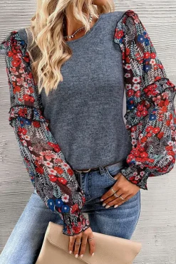 Discount Dear-Lover Pale Chestnut Ruffle Tiered Floral Sleeve Crew Neck Blouse Blue