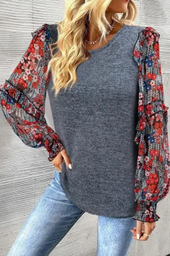 Discount Dear-Lover Pale Chestnut Ruffle Tiered Floral Sleeve Crew Neck Blouse Blue