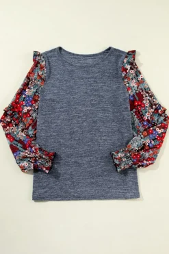 Discount Dear-Lover Pale Chestnut Ruffle Tiered Floral Sleeve Crew Neck Blouse Blue