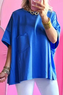 New Dear-Lover Patched Pocket Exposed Seam Oversize T-shirt Blue