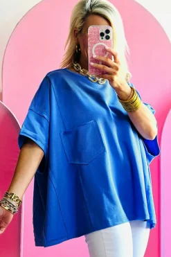 New Dear-Lover Patched Pocket Exposed Seam Oversize T-shirt Blue