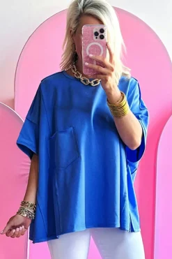 New Dear-Lover Patched Pocket Exposed Seam Oversize T-shirt Blue