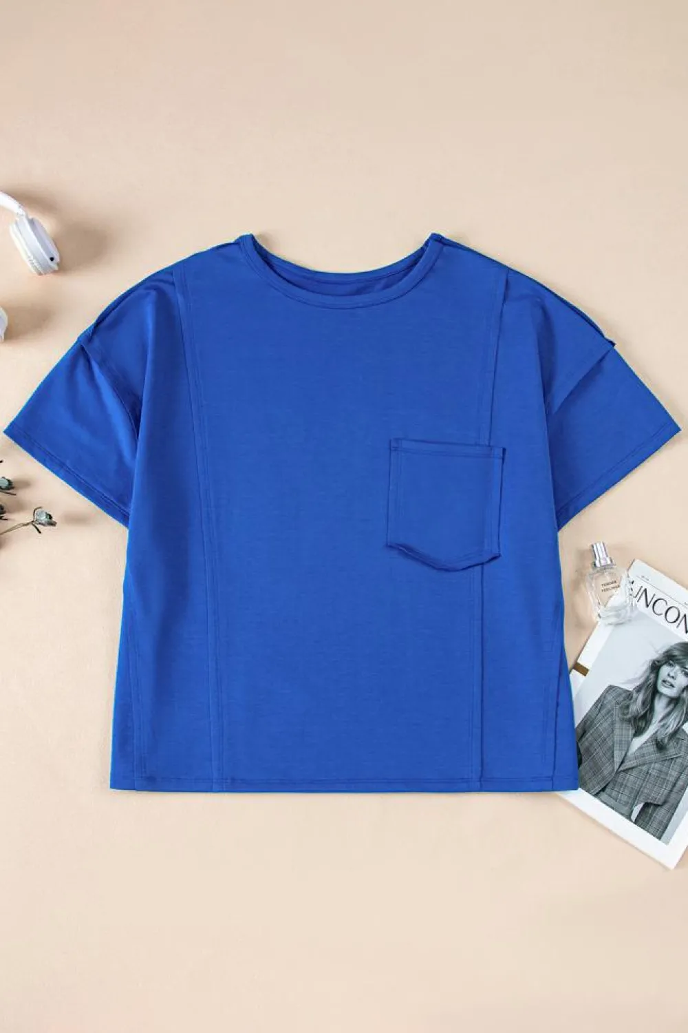New Dear-Lover Patched Pocket Exposed Seam Oversize T-shirt Blue