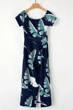 Discount Dear-Lover Pattern Print Off Shoulder Slit Bodycon Midi Dress Blue