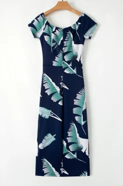 Discount Dear-Lover Pattern Print Off Shoulder Slit Bodycon Midi Dress Blue