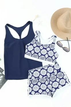 Discount Dear-Lover 3pcs Printed Sporty Racerback Tankini Swimsuit Blue
