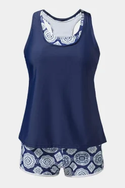 Discount Dear-Lover 3pcs Printed Sporty Racerback Tankini Swimsuit Blue
