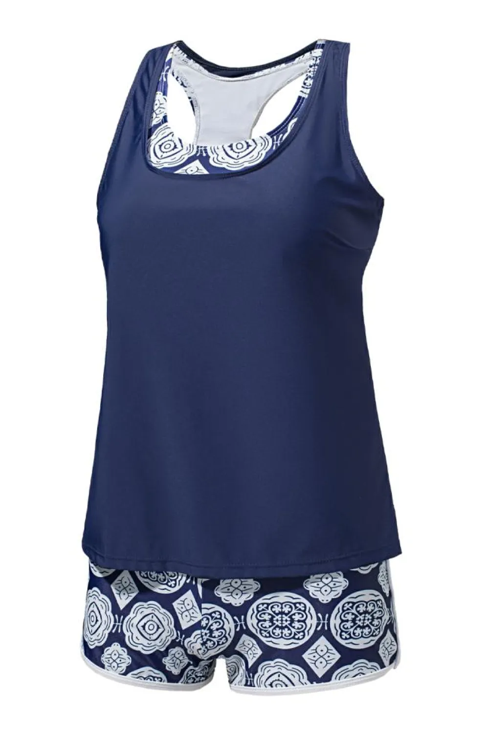 Discount Dear-Lover 3pcs Printed Sporty Racerback Tankini Swimsuit Blue