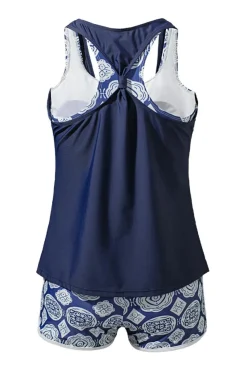 Discount Dear-Lover 3pcs Printed Sporty Racerback Tankini Swimsuit Blue