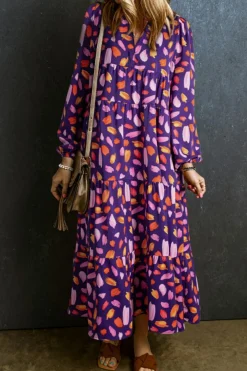 Online Dear-Lover Petal Collared Tiered Flowy Long Dress Blue