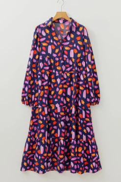 Online Dear-Lover Petal Collared Tiered Flowy Long Dress Blue