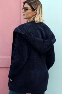 Outlet Dear-Lover Pink Soft Fleece Hooded Open Front Jacket Blue