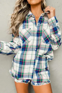 Best Dear-Lover Plaid Print Shirt and Shorts 2Pcs Lounge Set Blue