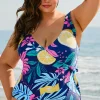 New Dear-Lover Plus Size Printed V Neck Wrap Knot Ruffled One Piece Swimwear Blue