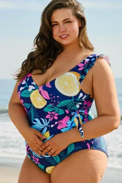 New Dear-Lover Plus Size Printed V Neck Wrap Knot Ruffled One Piece Swimwear Blue