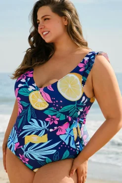 New Dear-Lover Plus Size Printed V Neck Wrap Knot Ruffled One Piece Swimwear Blue