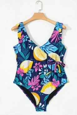 New Dear-Lover Plus Size Printed V Neck Wrap Knot Ruffled One Piece Swimwear Blue
