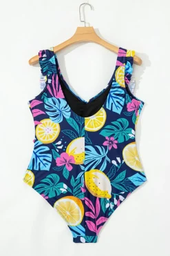 New Dear-Lover Plus Size Printed V Neck Wrap Knot Ruffled One Piece Swimwear Blue