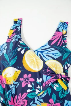 New Dear-Lover Plus Size Printed V Neck Wrap Knot Ruffled One Piece Swimwear Blue