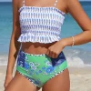 Clearance Dear-Lover Printed Smocked High waisted swimsuits Blue
