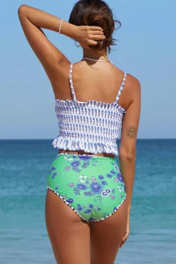 Clearance Dear-Lover Printed Smocked High waisted swimsuits Blue