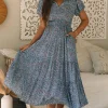 Sale Dear-Lover Printed V Neck Shirred Short Puff Sleeve Maxi Dress Blue