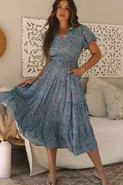 Sale Dear-Lover Printed V Neck Shirred Short Puff Sleeve Maxi Dress Blue