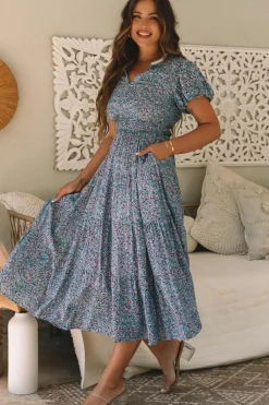 Sale Dear-Lover Printed V Neck Shirred Short Puff Sleeve Maxi Dress Blue