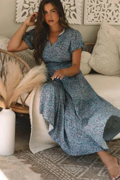 Sale Dear-Lover Printed V Neck Shirred Short Puff Sleeve Maxi Dress Blue