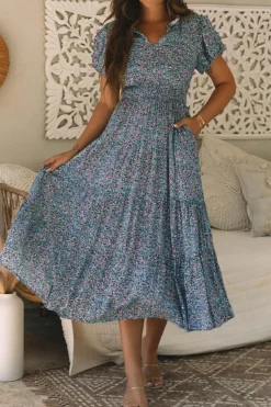 Sale Dear-Lover Printed V Neck Shirred Short Puff Sleeve Maxi Dress Blue