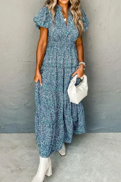 Sale Dear-Lover Printed V Neck Shirred Short Puff Sleeve Maxi Dress Blue