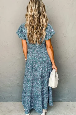 Sale Dear-Lover Printed V Neck Shirred Short Puff Sleeve Maxi Dress Blue