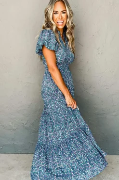 Sale Dear-Lover Printed V Neck Shirred Short Puff Sleeve Maxi Dress Blue