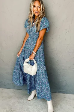 Sale Dear-Lover Printed V Neck Shirred Short Puff Sleeve Maxi Dress Blue