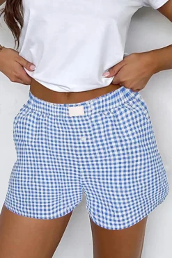 Best Dear-Lover Red Plaid Gingham Printed High Waist Shorts blue