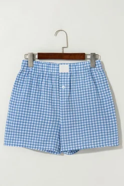 Best Dear-Lover Red Plaid Gingham Printed High Waist Shorts blue