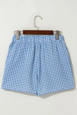 Best Dear-Lover Red Plaid Gingham Printed High Waist Shorts blue