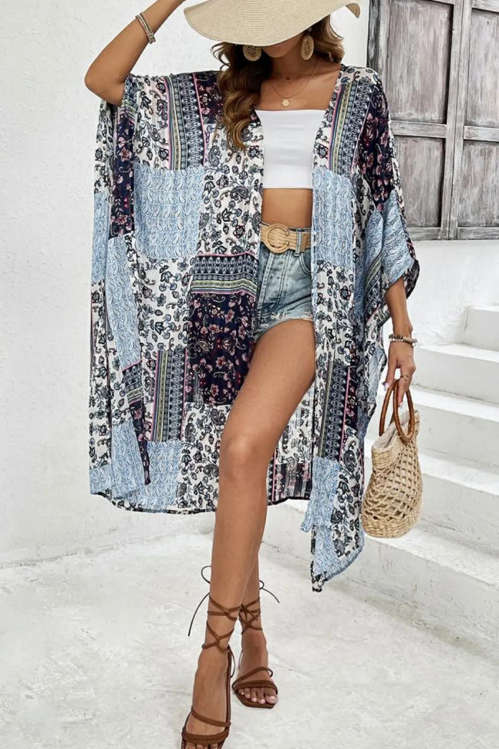 Fashion Dear-Lover Retro Floral Print Long Loose Open Front Kimono Blue