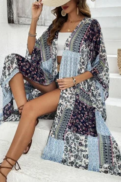 Fashion Dear-Lover Retro Floral Print Long Loose Open Front Kimono Blue