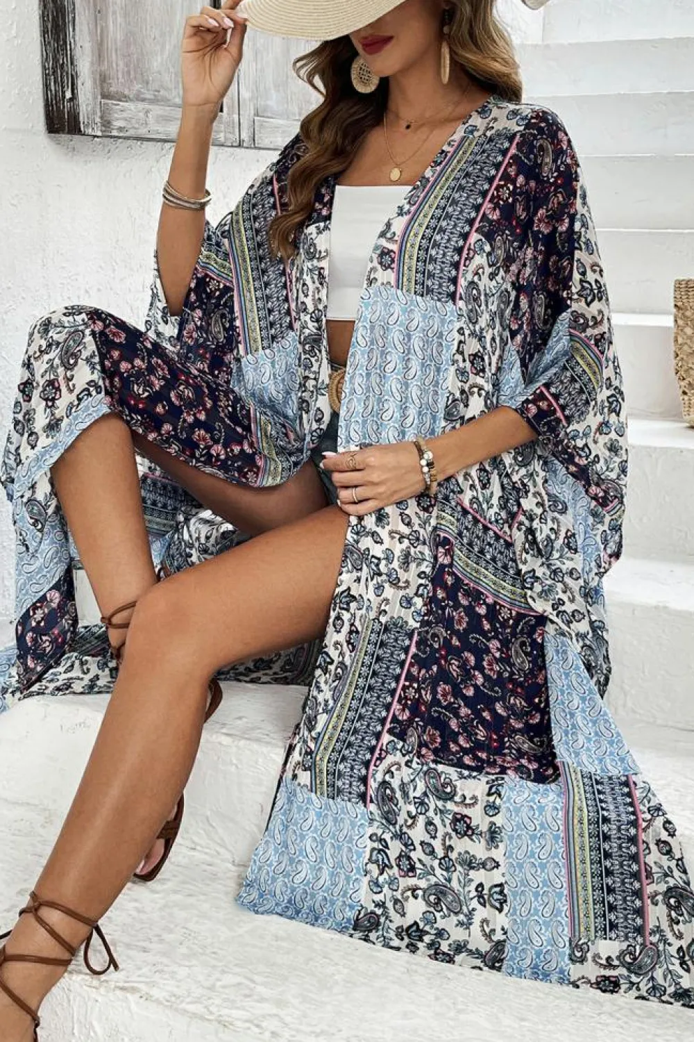 Fashion Dear-Lover Retro Floral Print Long Loose Open Front Kimono Blue