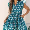 Sale Dear-Lover Retro Floral Print Split Neck Ruffle Short Sleeve Dress Blue