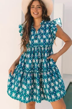 Sale Dear-Lover Retro Floral Print Split Neck Ruffle Short Sleeve Dress Blue