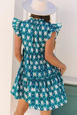 Sale Dear-Lover Retro Floral Print Split Neck Ruffle Short Sleeve Dress Blue