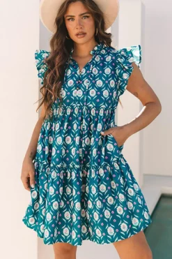 Sale Dear-Lover Retro Floral Print Split Neck Ruffle Short Sleeve Dress Blue